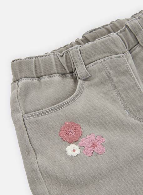 Pantalon fille denim brodé de fleurs Gris 3 - vertbaudet enfant 