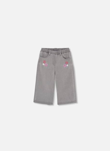 Pantalon fille denim brodé de fleurs Gris 1 - vertbaudet enfant 
