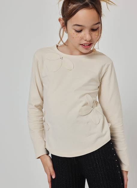 T-shirt fille en maille avec fleurs appliquées Beige 1 - vertbaudet enfant 