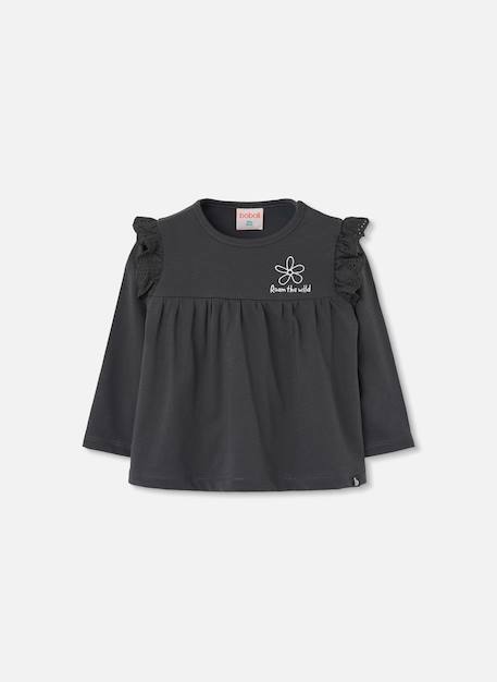 T-shirt fille en maille avec broderie fleur Gris 1 - vertbaudet enfant 