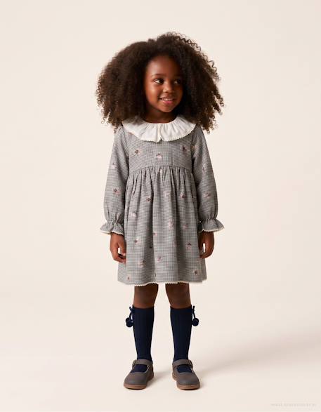 Robe en coton à motif vichy et imprimé floral Bleu foncé 1 - vertbaudet enfant 