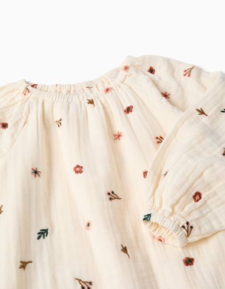 Robe en coton à manches longues avec broderie florale Blanc 4 - vertbaudet enfant 