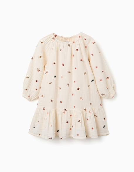 Robe en coton à manches longues avec broderie florale Blanc 2 - vertbaudet enfant 