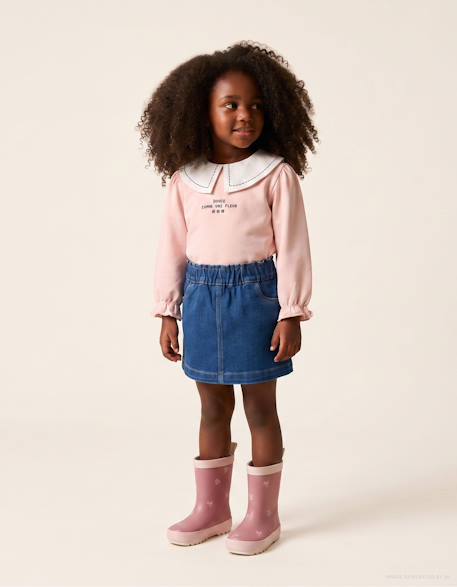 Sweat en coton avec col brodé Rose clair 1 - vertbaudet enfant 