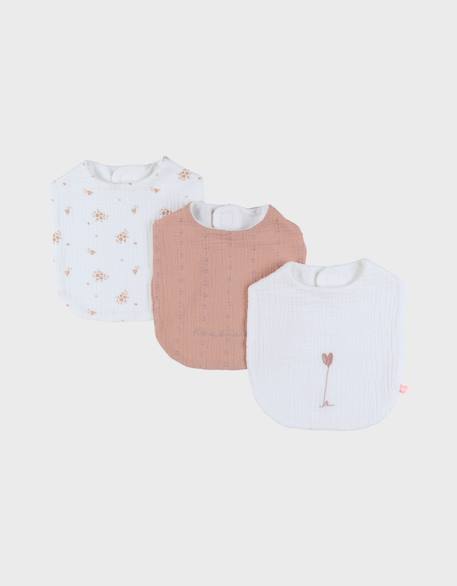 Lot de 3 bavoirs mousseline de coton bio et éponge Blanc, rose 1 - vertbaudet enfant 