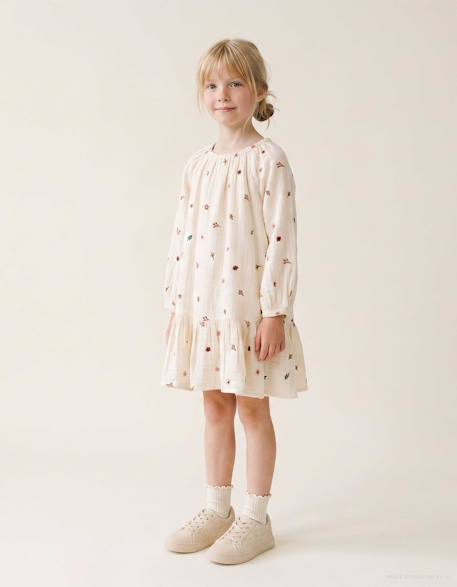 Robe en coton à manches longues avec broderie florale Blanc 1 - vertbaudet enfant 