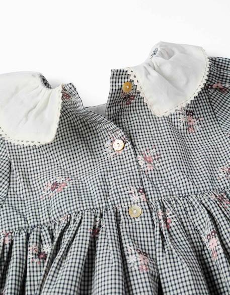Robe en coton à motif vichy et imprimé floral Bleu foncé 4 - vertbaudet enfant 