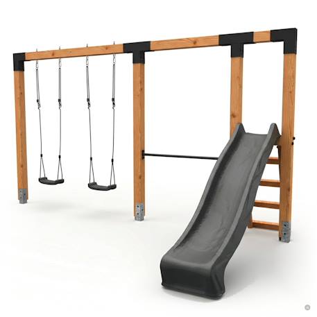 Balançoire double en bois avec barre fixe et toboggan - jeu jardin exterieur Naturel 1 - vertbaudet enfant 