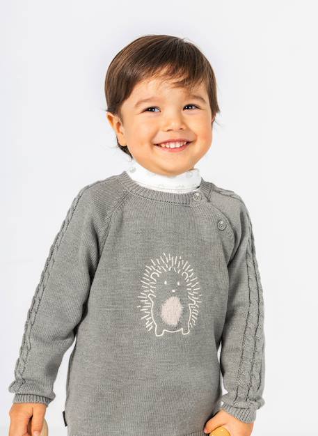 Pull bébé garçon avec broderie hérisson Vert 1 - vertbaudet enfant 