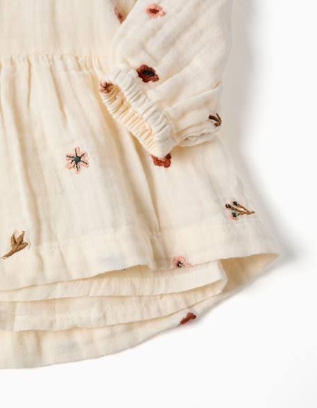 Robe en coton à manches longues avec broderie florale Blanc 3 - vertbaudet enfant 