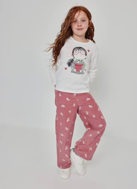 Pantalon fille velours côtelé fin imprimé fleurs Rose 1 - vertbaudet enfant 