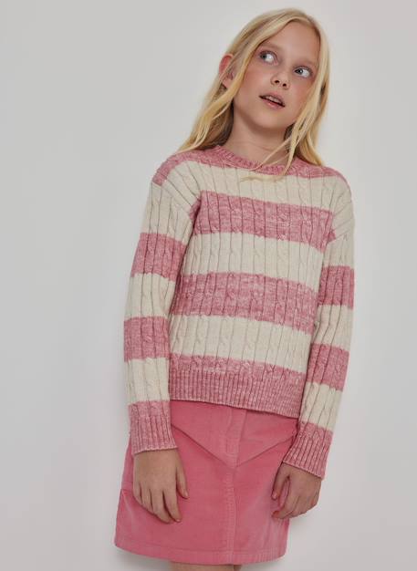 Pull fille à rayures avec torsades Rose 1 - vertbaudet enfant 