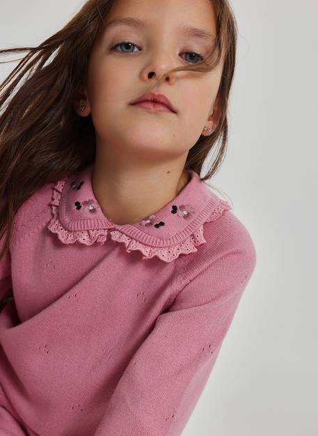 Pull fille avec col brodé de fleurs Rose 1 - vertbaudet enfant 