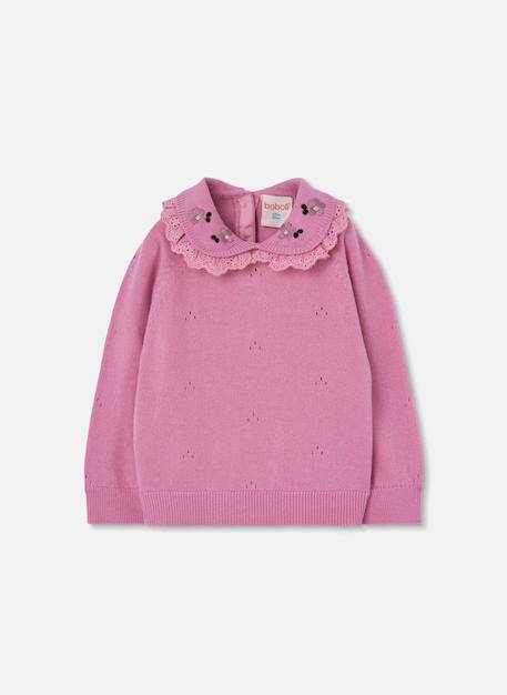 Pull fille avec col brodé de fleurs Rose 2 - vertbaudet enfant 