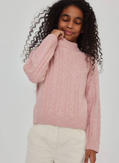 Pull fille tressé col roulé Rose 1 - vertbaudet enfant 