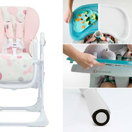 Chaise Haute Pliable YUMMY avec Dossier Réglable 3 Positions, Hauteur Réglable et Harnais 5 Points Gris+Multicolore+Rose 17 - vertbaudet enfant 