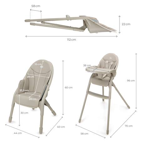 Chaise haute bébé DINNLY pliable évolutive 2 en 1 harnais 5 points plateau assise confortable Beige+Grey 6 - vertbaudet enfant 