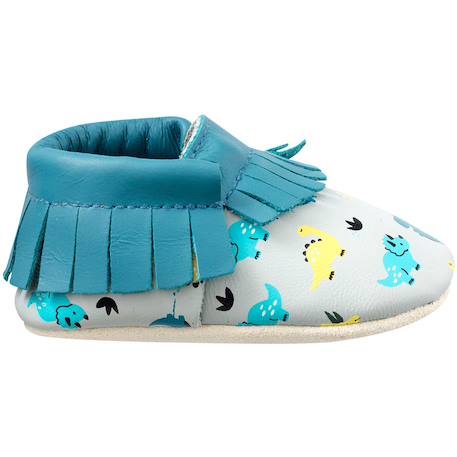 Chaussons cuir souple à franges dinosaures Bleu 1 - vertbaudet enfant 