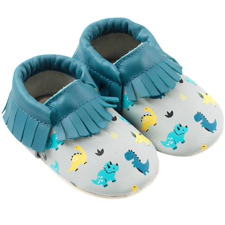 Chaussons cuir souple à franges dinosaures Bleu 2 - vertbaudet enfant 