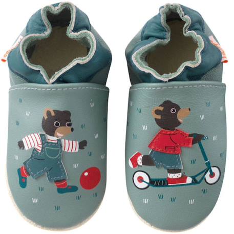 Chaussons bébé cuir souple petit ours brun joue dehors Bleu 2 - vertbaudet enfant 