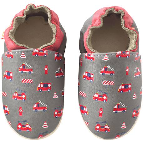 Chaussons bébé cuir souple honoré les camions de pompiers Gris 2 - vertbaudet enfant 