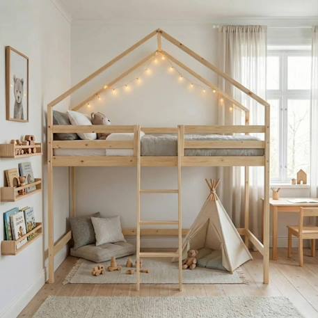 Lit enfant mezzanine cabane 90 x 190 cm pin naturel sommier à lattes inclus - roya Naturel 3 - vertbaudet enfant 