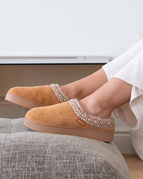Chaussons mules suédine à semelle compensé de 3,5 cm, confort Camel+Ivoire 2 - vertbaudet enfant 