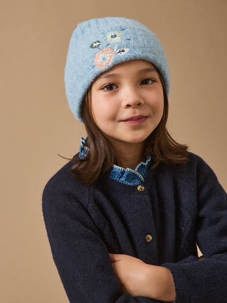 Bonnet brodé maille côtelée fille Bleu orion 1 - vertbaudet enfant 