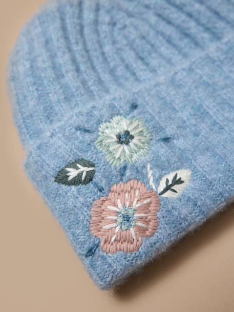 Bonnet brodé maille côtelée fille Bleu orion 2 - vertbaudet enfant 