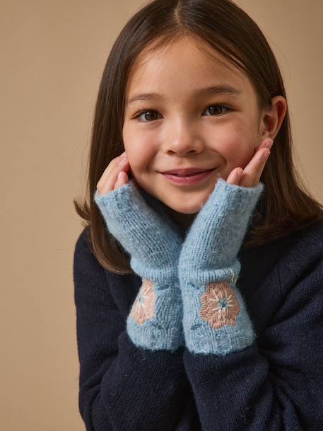 Mitaines brodées maille côtelée fille Bleu orion 1 - vertbaudet enfant 