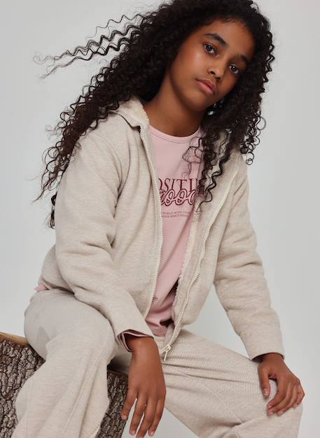 Blouson fille en maille à capuche Beige 1 - vertbaudet enfant 