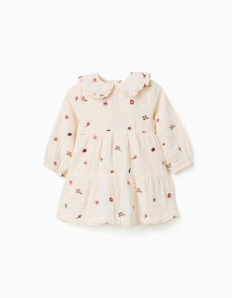Robe en coton à manches longues avec broderie florale Blanc 1 - vertbaudet enfant 