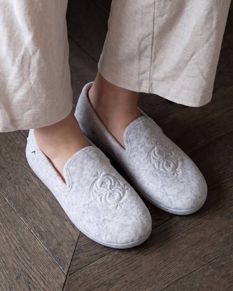 Chaussons charentaises velours semelle ergonomique mousse à mémoire forme Gris chiné+Léopard beige 2 - vertbaudet enfant 
