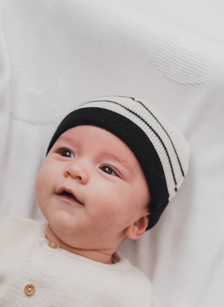 Bonnet à revers en laine bébé Écru rayé marine 1 - vertbaudet enfant 