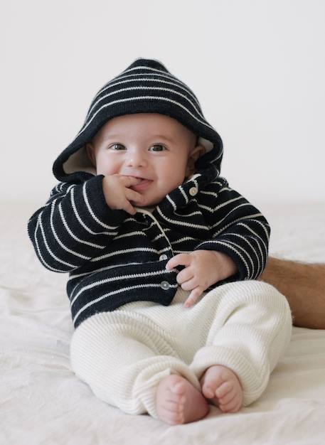 Veste en laine mélangée bébé Ecru rayé marine 1 - vertbaudet enfant 