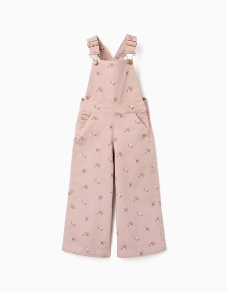 Salopette en sergé à jambe large avec motif floral Rose clair 1 - vertbaudet enfant 