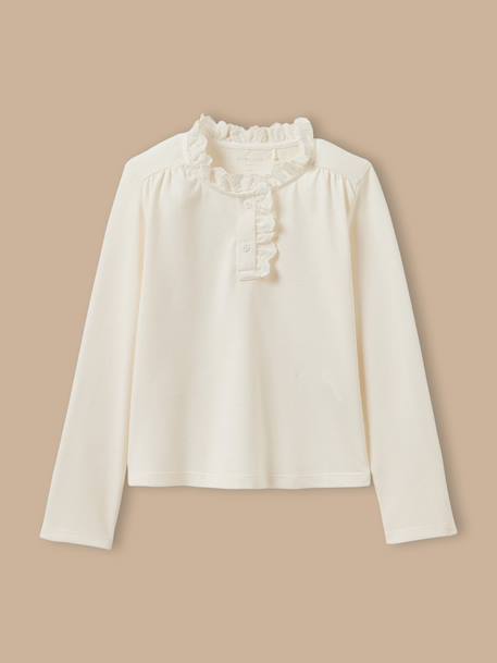 T-shirt fille col montant brodé - coton biologique Ecru 1 - vertbaudet enfant 