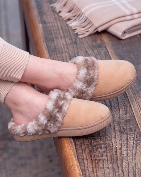 Chaussons mules microvelours semelle bloup extra confort Camel+Fuchsia 2 - vertbaudet enfant 