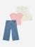 Ensemble fille 3 pièces t-shirt gilet à capuche et jean évasé Blanc / bleu / rose 1 - vertbaudet enfant 