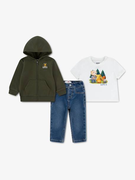Ensemble garçon 3 pièces t-shirt gilet à capuche et jean Kaki / blanc / bleu 1 - vertbaudet enfant 
