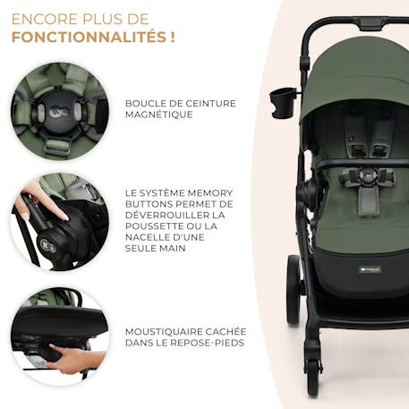 Poussette 2 en 1 Kinderkraft YOXI avec Nacelle Pliable, Siège Réversible, Roues Increvables et UPF50+ Beige+Vert 11 - vertbaudet enfant 