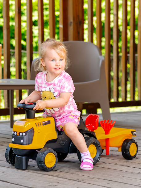 Porteur tracteur 1er âge à volant directionnel avec klaxon, roues silencieuses et remorque Jaune jcb+Orange 1 - vertbaudet enfant 