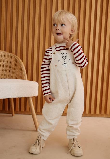 Ensemble salopette bébé en molleton et t-shirt pistache Beige 1 - vertbaudet enfant 