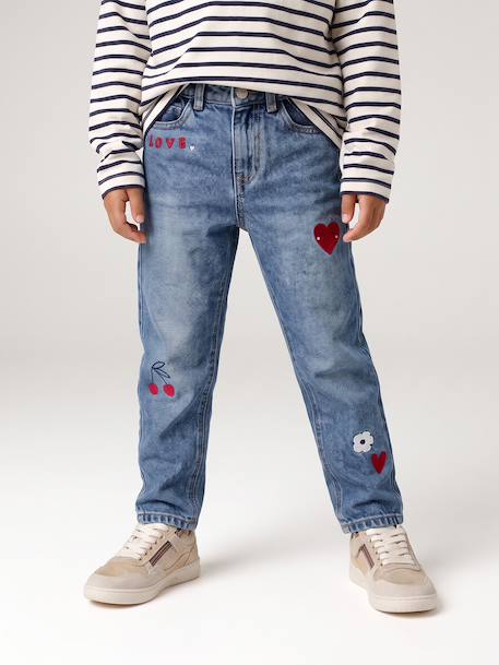 Jean fille mom brodé fleurs bleu+bleu clair+bleu moyen 12 - vertbaudet enfant 