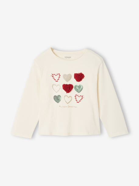 T-shirt fille animation coeur fille manches longues blanc+blush+écru+vert 3 - vertbaudet enfant 