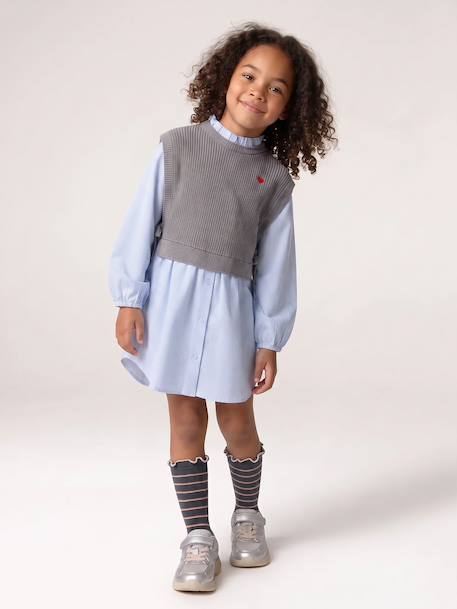 Robe-chemise fille effet 2 en 1 écru+gris chiné+marine 6 - vertbaudet enfant 