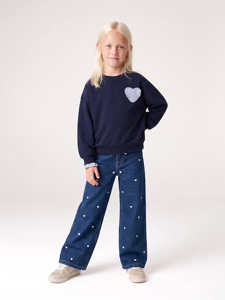Jean large fille brodé bleu foncé+bleu jean+bleu moyen+denim bleached 2 - vertbaudet enfant 