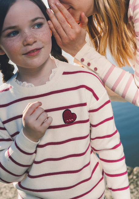 Pull fille Fond blanc casse raye rose 1 - vertbaudet enfant 
