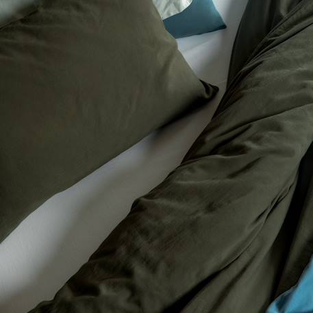 Taie d'oreiller satin de coton bio lavé Blanc craie+Cyprès 12 - vertbaudet enfant 