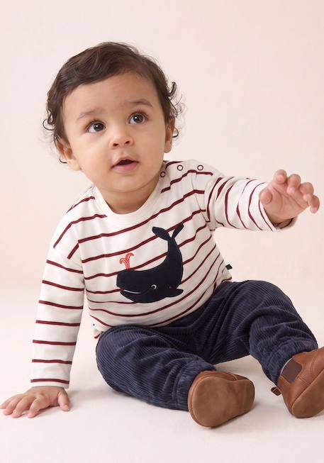 Mariniere manches longues 100% coton bébé garçon Fond blanc casse raye bordeaux 1 - vertbaudet enfant 